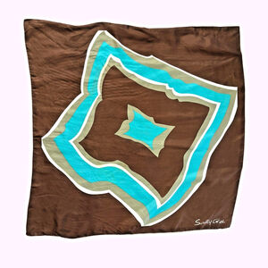 Vintage 60s 70s Sally Gee Brown Blue Abstract Silk Blend Square Scarf